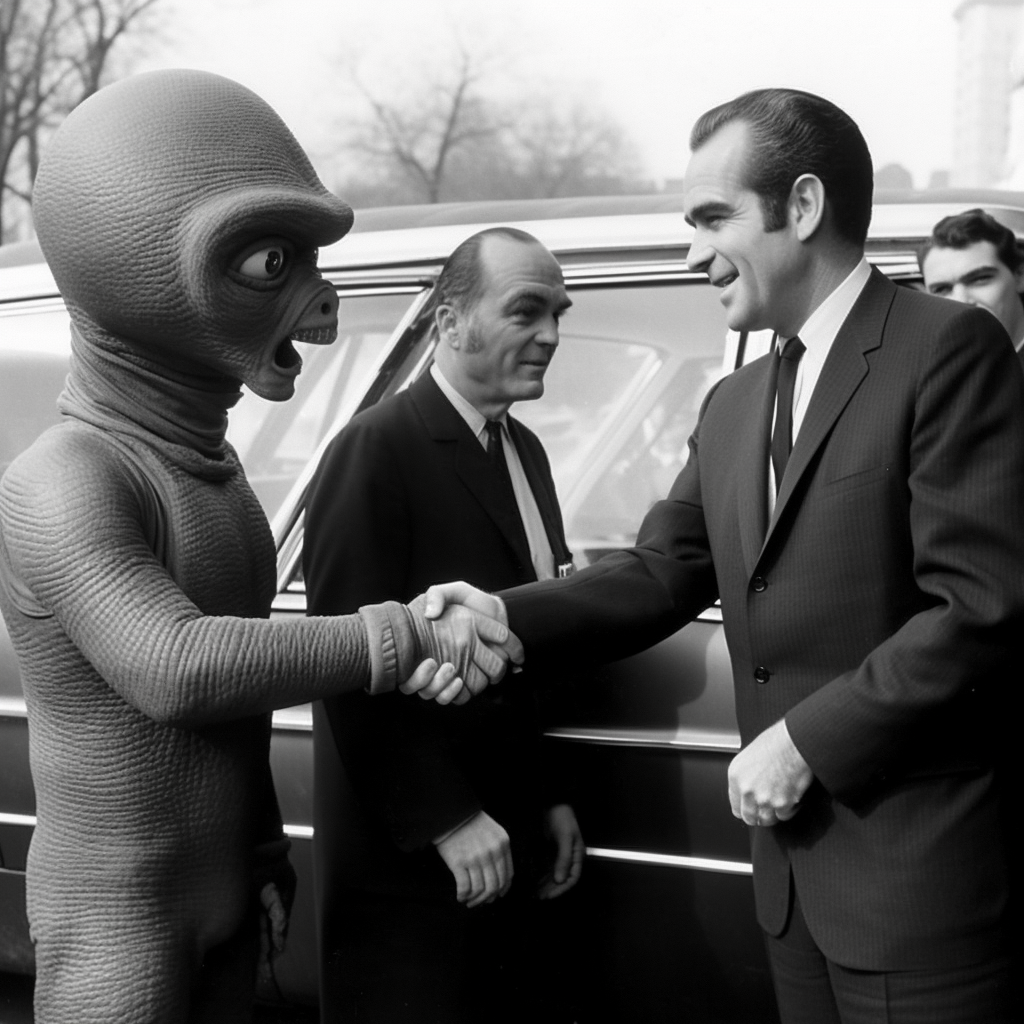 President Nixon shaking hands with an alien