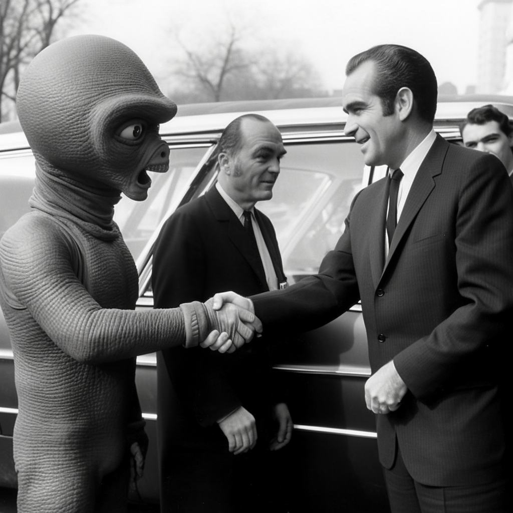 President Nixon shakes hands with an alien