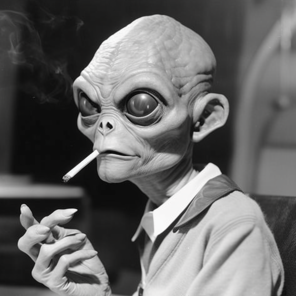 an alien smoking a cigarette