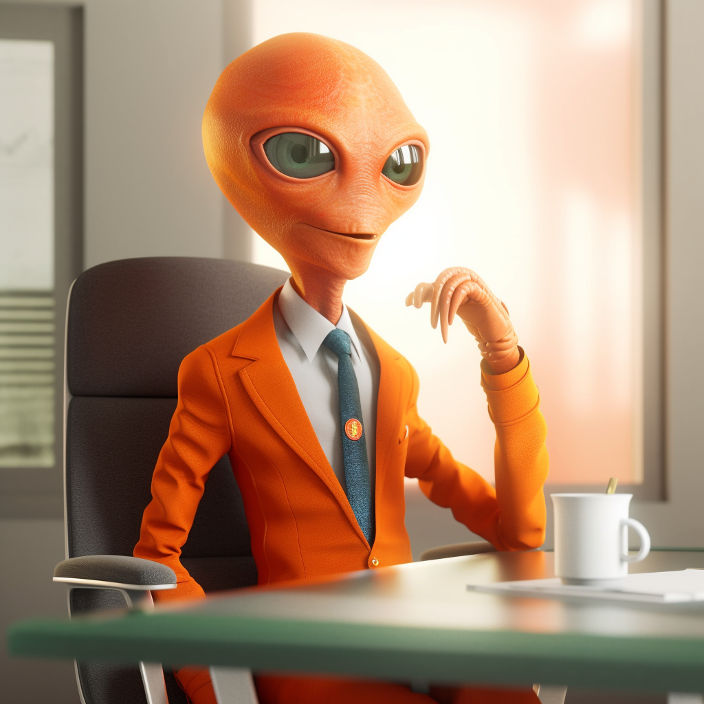 an orange alien in a suit