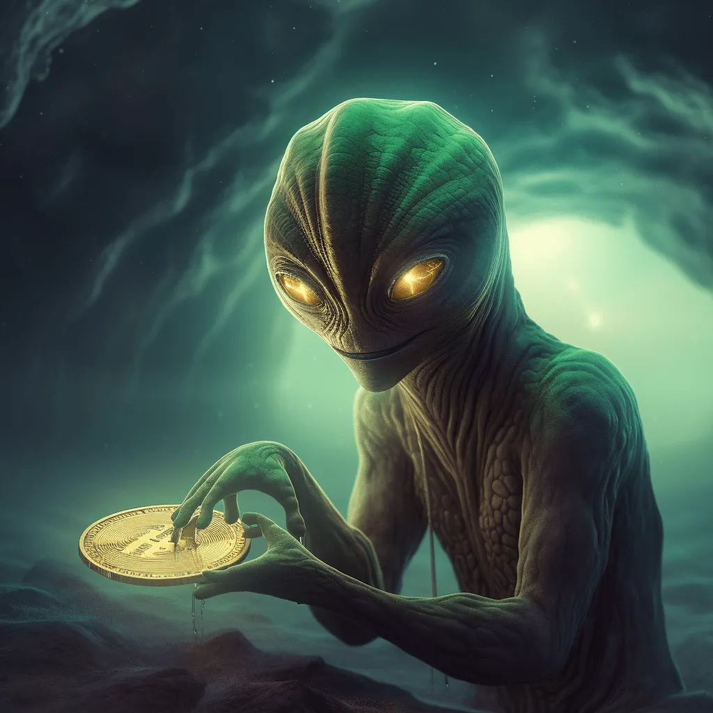 alien holding a bitcoin