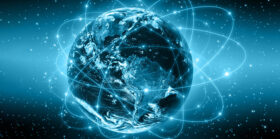 Internet Concept of global business image of a globe with lines circulating around it
