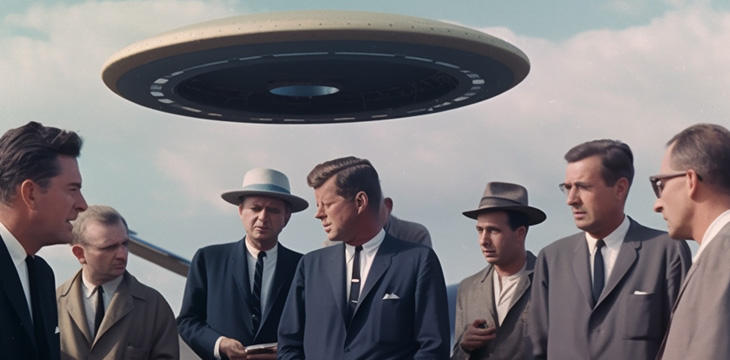 businessmen talking with UFO above their heads