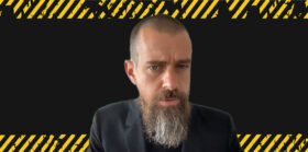 Jack Dorsey with background of black and yellow caution tape warning concept