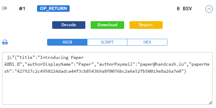 OP_Return from WhatsonChain Paper's content store on-chain via a SHA256
