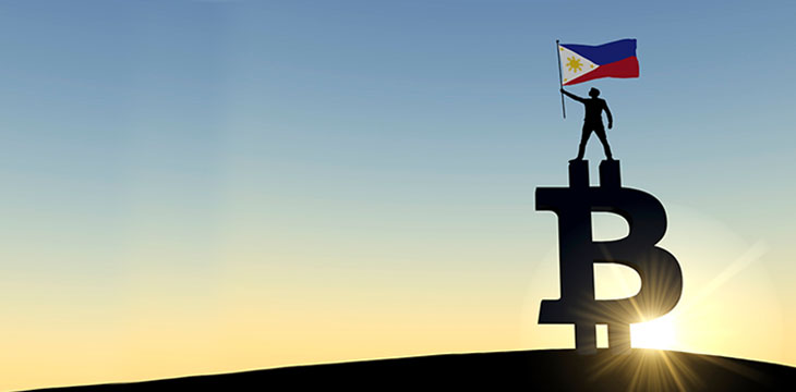 Person waving a philippines flag standing on top of a bitcoin cryptocurrency symbol. 3D Rendering.
