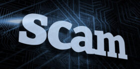 3D rendering of the word Scam against futuristic black and blue background