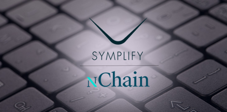 Symplify and nChain logo with background of laptop computer keyboard