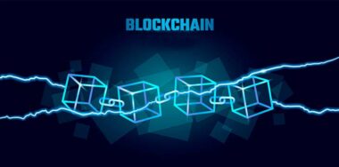 Blockchain cube chain symbol on square code with blue background