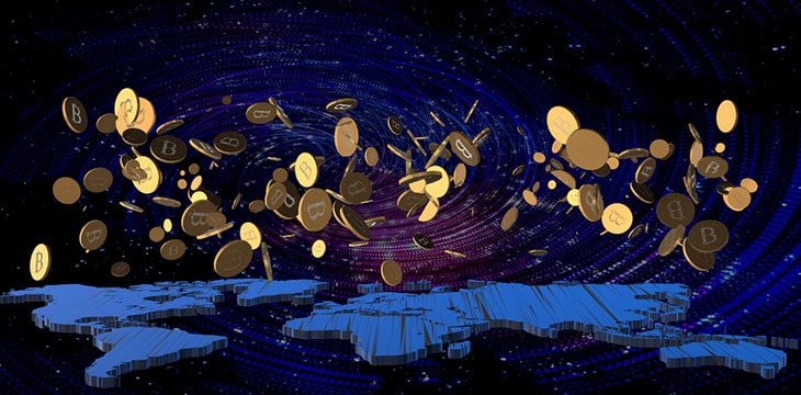 Background of outer space and blackhole and 3D rendering of world map with floating Bitcoins above it