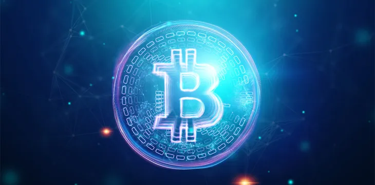 Bitcoin hologram, ultraviolet creative background