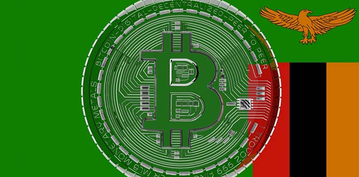 transparent Glass Bitcoin in center and on top of the Country Flag of Zambia