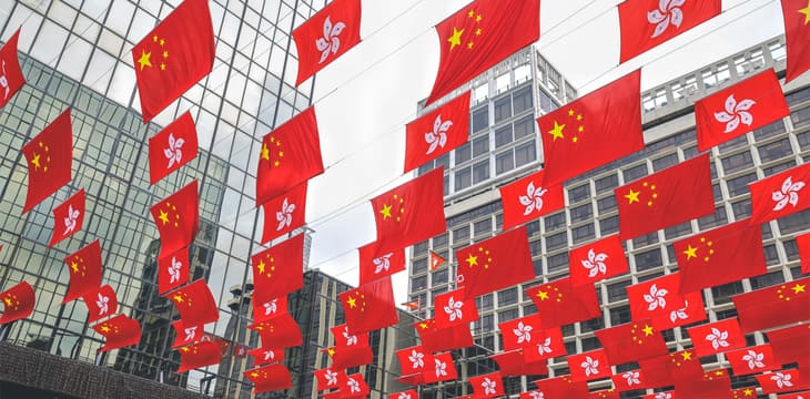 Chinese Flags Hanging the Building