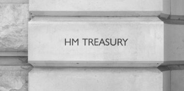 HM Treasury sign in London, UK, black and white