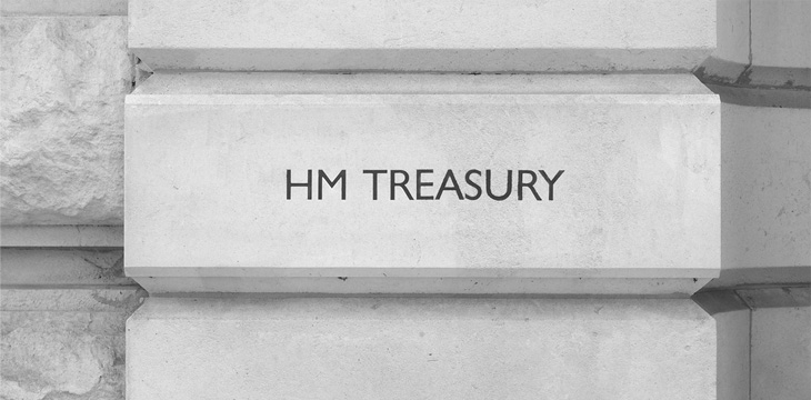 HM Treasury sign in London, UK, black and white