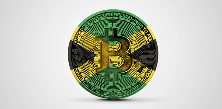 Jamaica flag on a bitcoin cryptocurrency coin