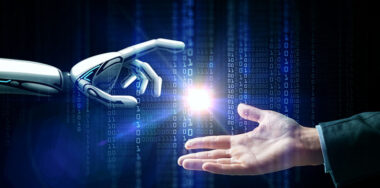 Robot and human hand flash light and binary code