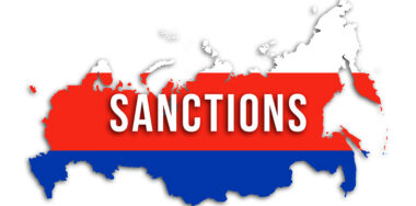 Russian silhouette in national flag colors and sanctions text