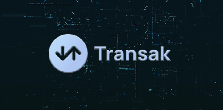 Light blue Transak Logo in dark blue technology background