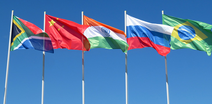Waving flags of the BRICS countries