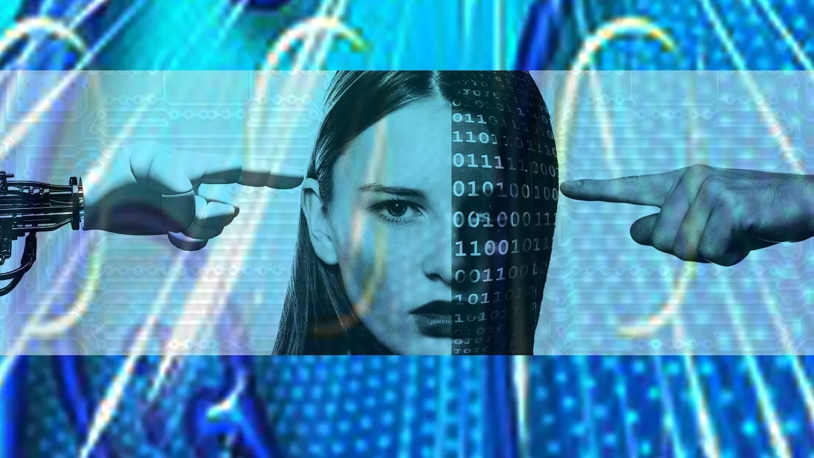 Artificial intelligence concept: Image of half human face of a woman and half with binary numbers