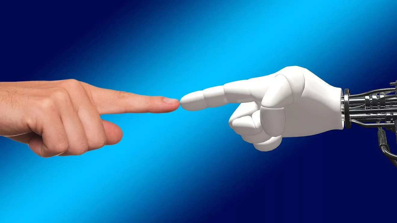 Human index finger and AI robot humanoid index finger