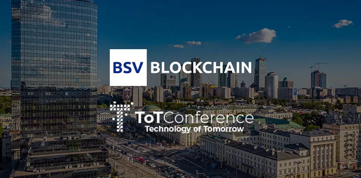 Cityscape background with BSV Blockchain and Technology of Tomorrow Conference logo