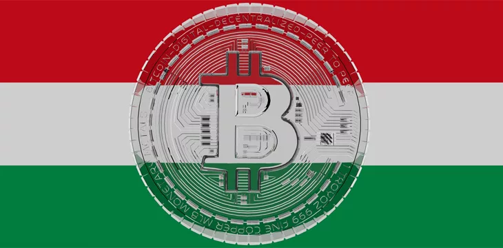 Large transparent Glass Bitcoin in center and on top of the Country Flag of Hungary