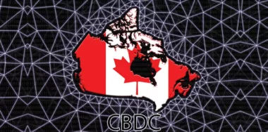 Canada map with the inscription CBDC with black digital blockchain grid