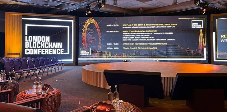 London Blockchain Conference event stage at the Queen Elizabeth II Conference Centre in London