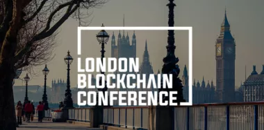Big Ben and Houses of parliament, London with logo of London Blockchain Conference
