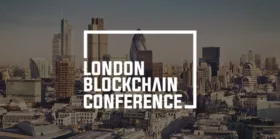 London cityscape with logo of London Blockchain Conference