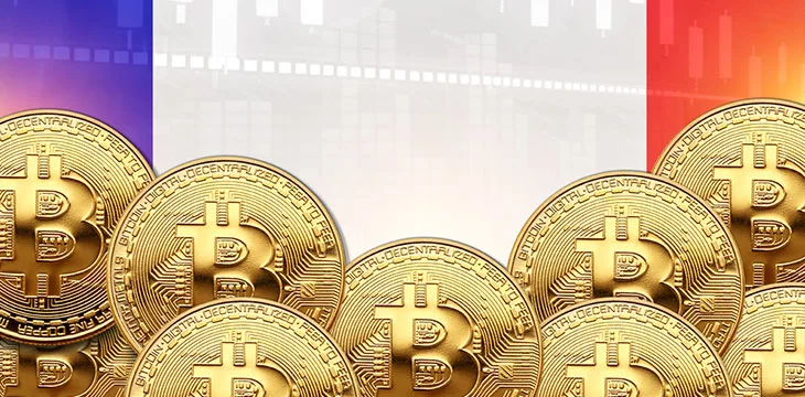 Bitcoins with flag of France in the background