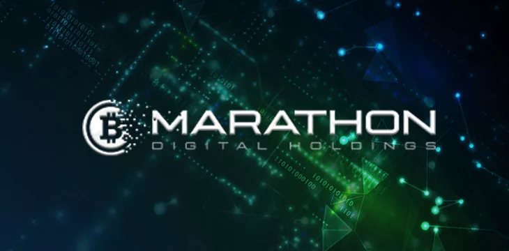 Marathon Digital holdings logo with blockchain background