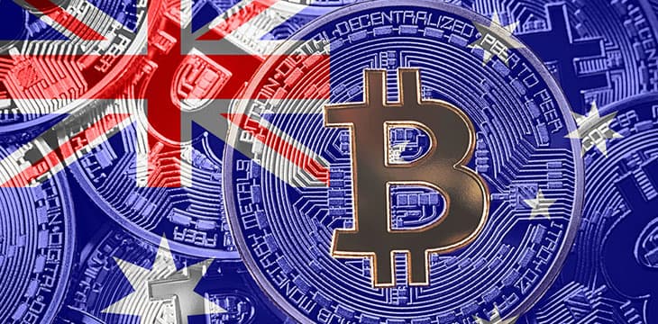 Stack of Bitcoin Australia flag. Bitcoin cryptocurrencies concept. BTC background