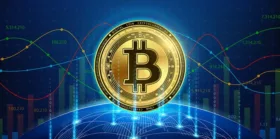 gold bitcoin in the middle of stocks, connections, and cryptocurrency background
