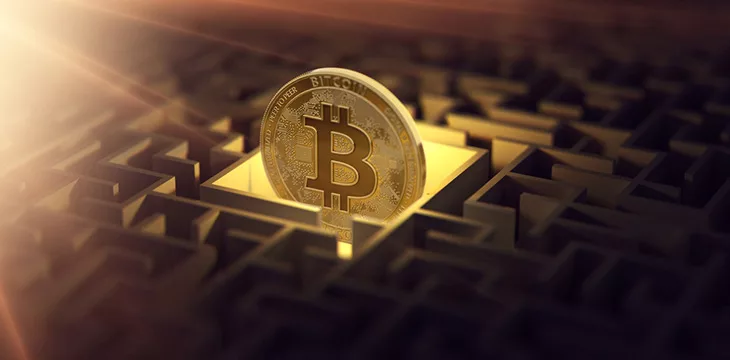 Bitcoin in the dark labyrinth and bright sun flare as a sign of prosperity