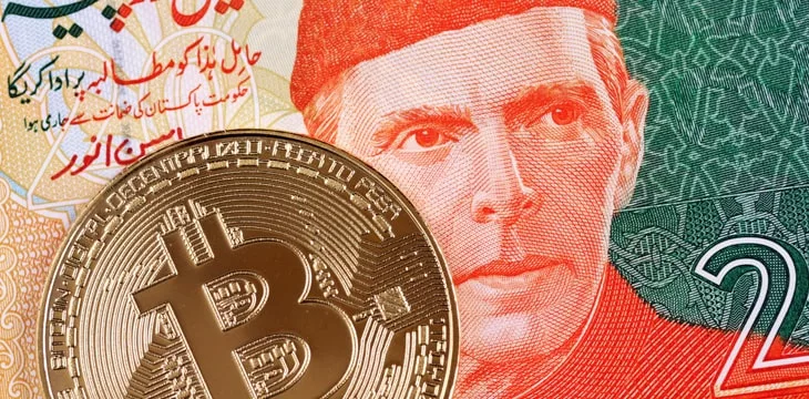 A macro image of a 20 Pakistani rupee note with Bitcoin