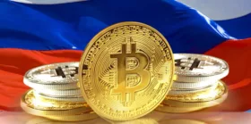 Bitcoin coins on Russia's Flag