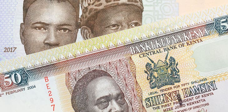 A macro image of a blue, purple and green one thousand naira note from Nigeria paired up with a colorful fifty shilling bank note from Kenya. Shot close up in macro