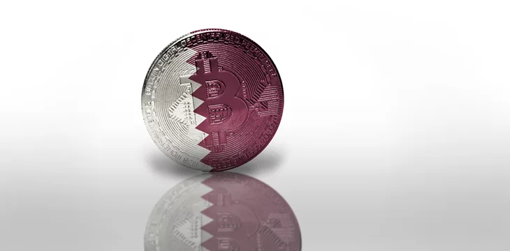 Bitcoin Mining Concept illustration. Bitcoin with the national flag of Qatar on the white background