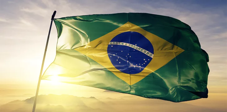 Brazil national flag textile cloth fabric waving on the top