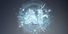 Digital artificial intelligence text hologram on blue grey background 3D rendering