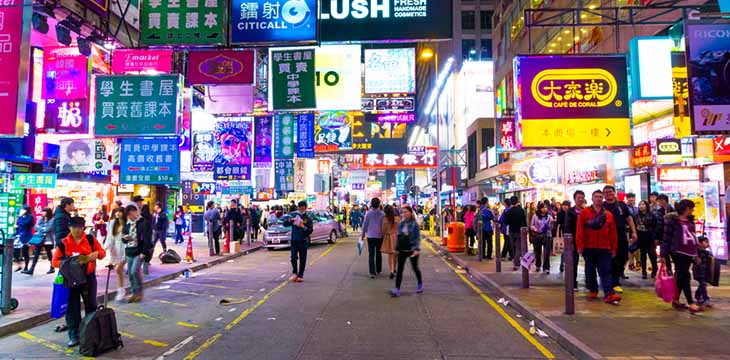 long shot of shopping street of Hong Kong