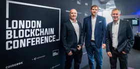 Lorien Gamaroff, Bernhard Müller, Angus Brown at the London Blockchain Conference