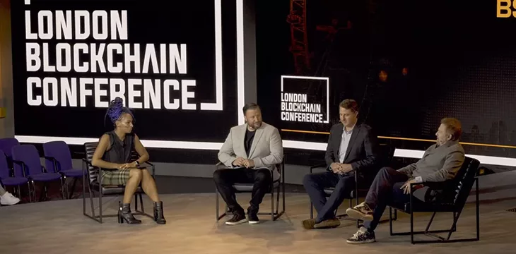 Lucy Hedges with panellists Brooklyn Earick, Tony Mugavero and Ryan Kavanaugh at the London Blockchain Conference 2023