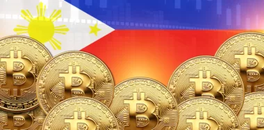Lot of Bitcoins in front and Philippines flag in wall. illustration poster design