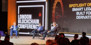 Panellists for London Blockchain Conference Richard Baker, Hirander Misra, and Scott O’Malia