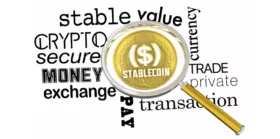 Stablecoin Crypto Currency New Digital Money Secure Payment Platform Magnifying Glass 3d Illustration