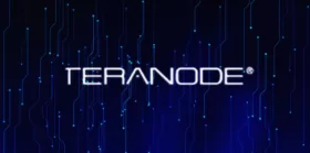 Teranode logo in blockchain background